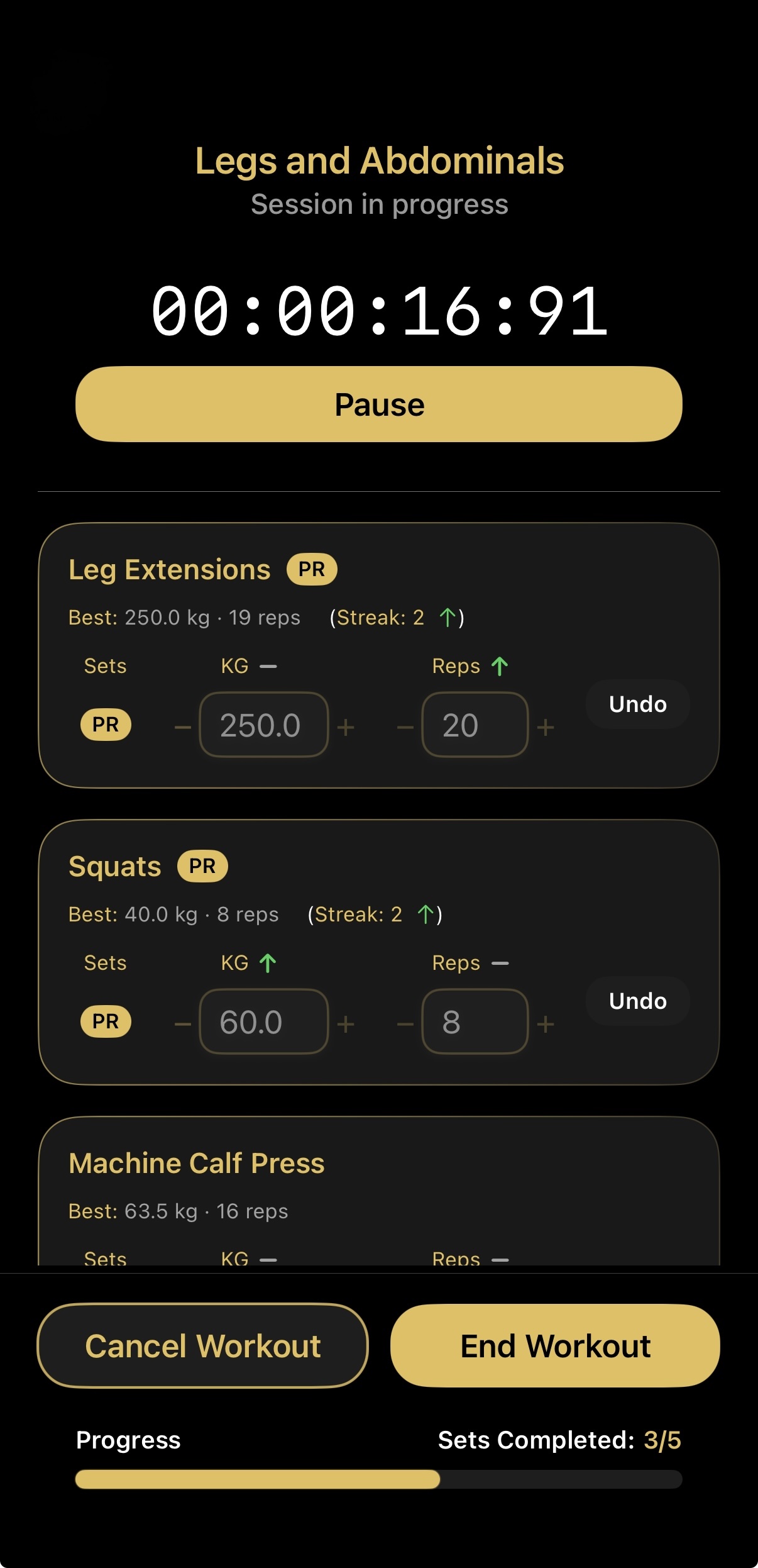 Ritual app workout tracking screen showing sets, reps and weight